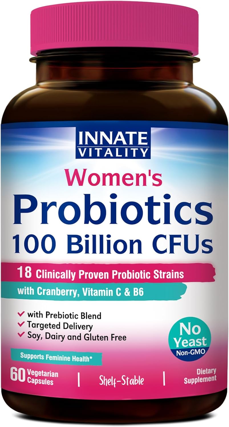 Women's Probiotic with 100 Billion CFUs, 18 Strains, Prebiotics, Probiotics, Cranberry, Vitamin C & B6, Non-Refrigerated - 60 Capsules