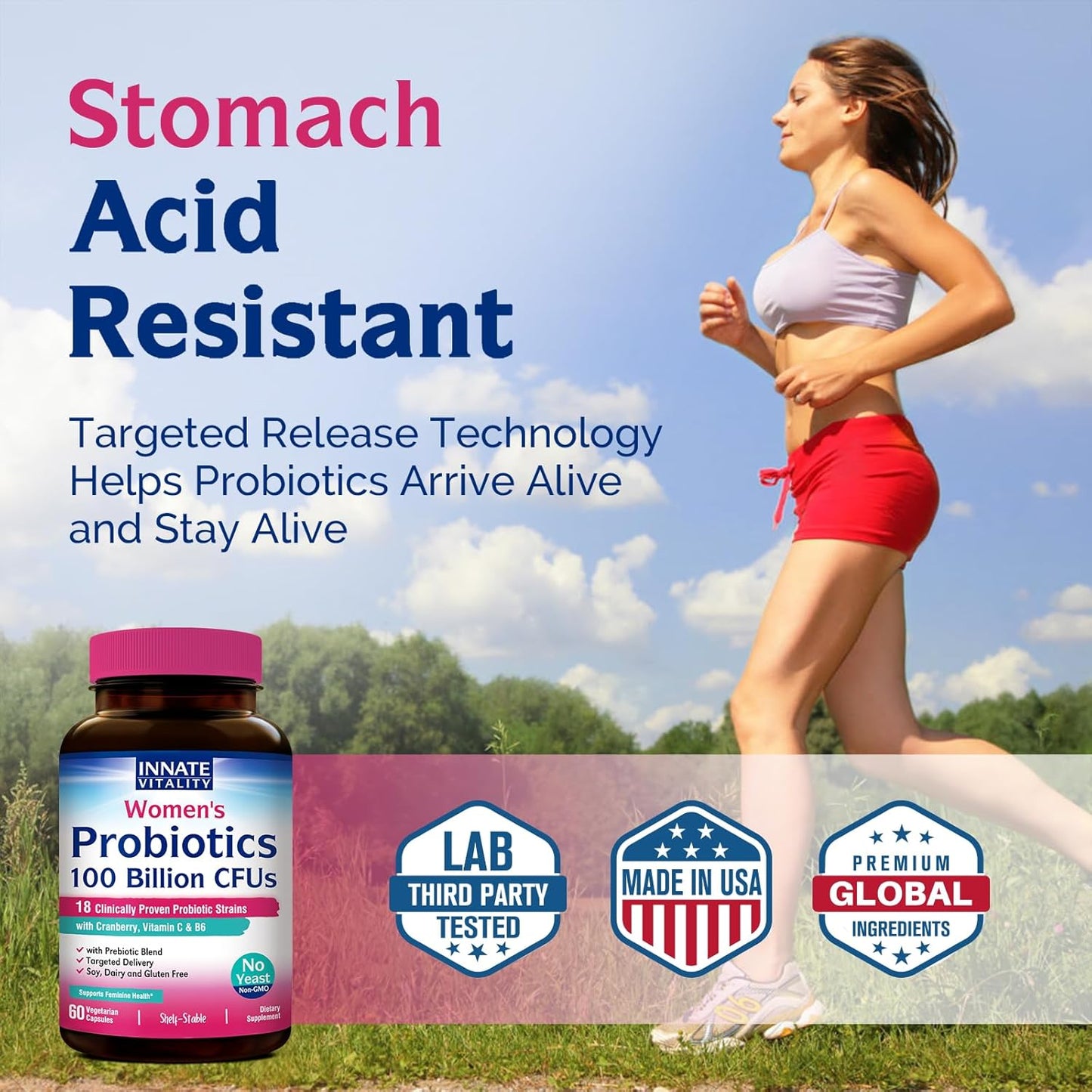 Women's Probiotic with 100 Billion CFUs, 18 Strains, Prebiotics, Probiotics, Cranberry, Vitamin C & B6, Non-Refrigerated - 60 Capsules