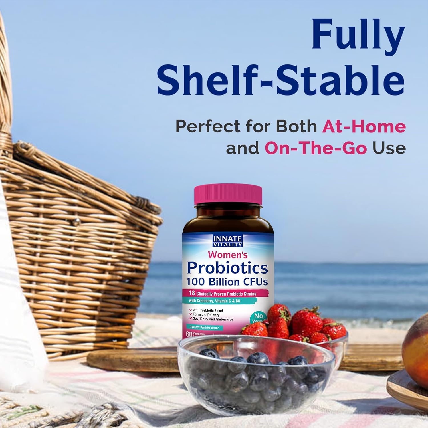 Women's Probiotic with 100 Billion CFUs, 18 Strains, Prebiotics, Probiotics, Cranberry, Vitamin C & B6, Non-Refrigerated - 60 Capsules