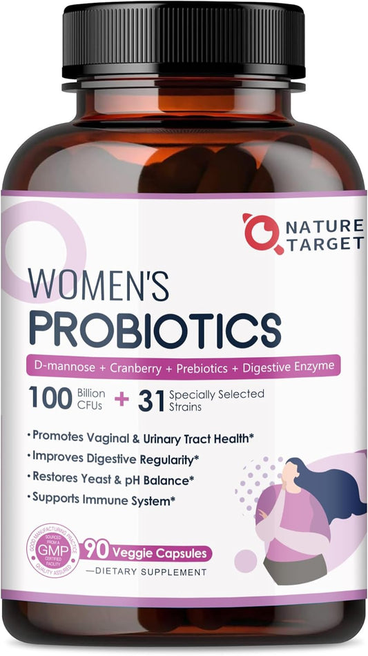 Women's Probiotic with 100 Billion CFUs, Digestive Enzymes, Prebiotics, Cranberry, pH Balance - 90 Capsules