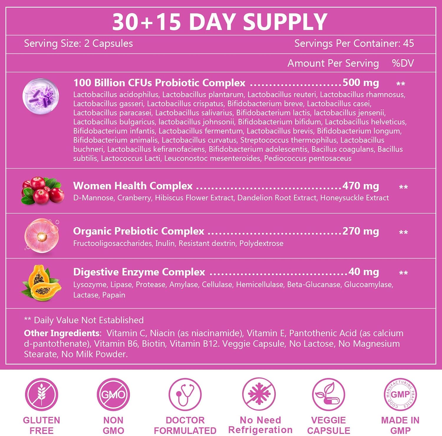 Women's Probiotic with 100 Billion CFUs, Digestive Enzymes, Prebiotics, Cranberry, pH Balance - 90 Capsules