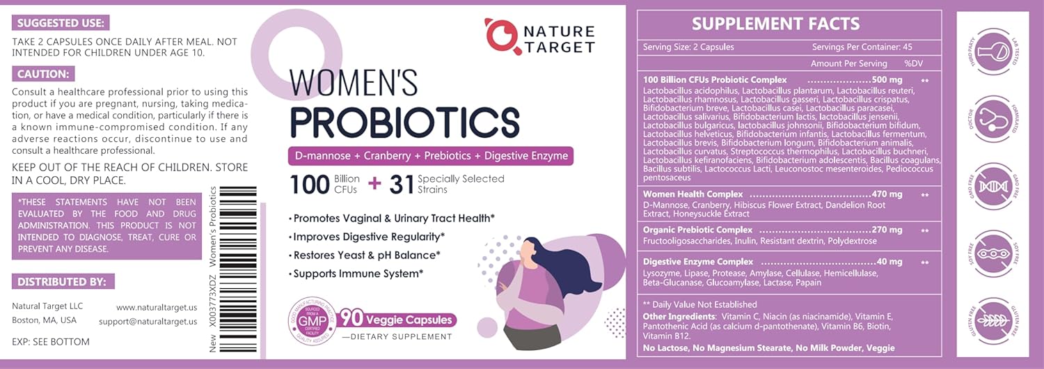 Women's Probiotic with 100 Billion CFUs, Digestive Enzymes, Prebiotics, Cranberry, pH Balance - 90 Capsules