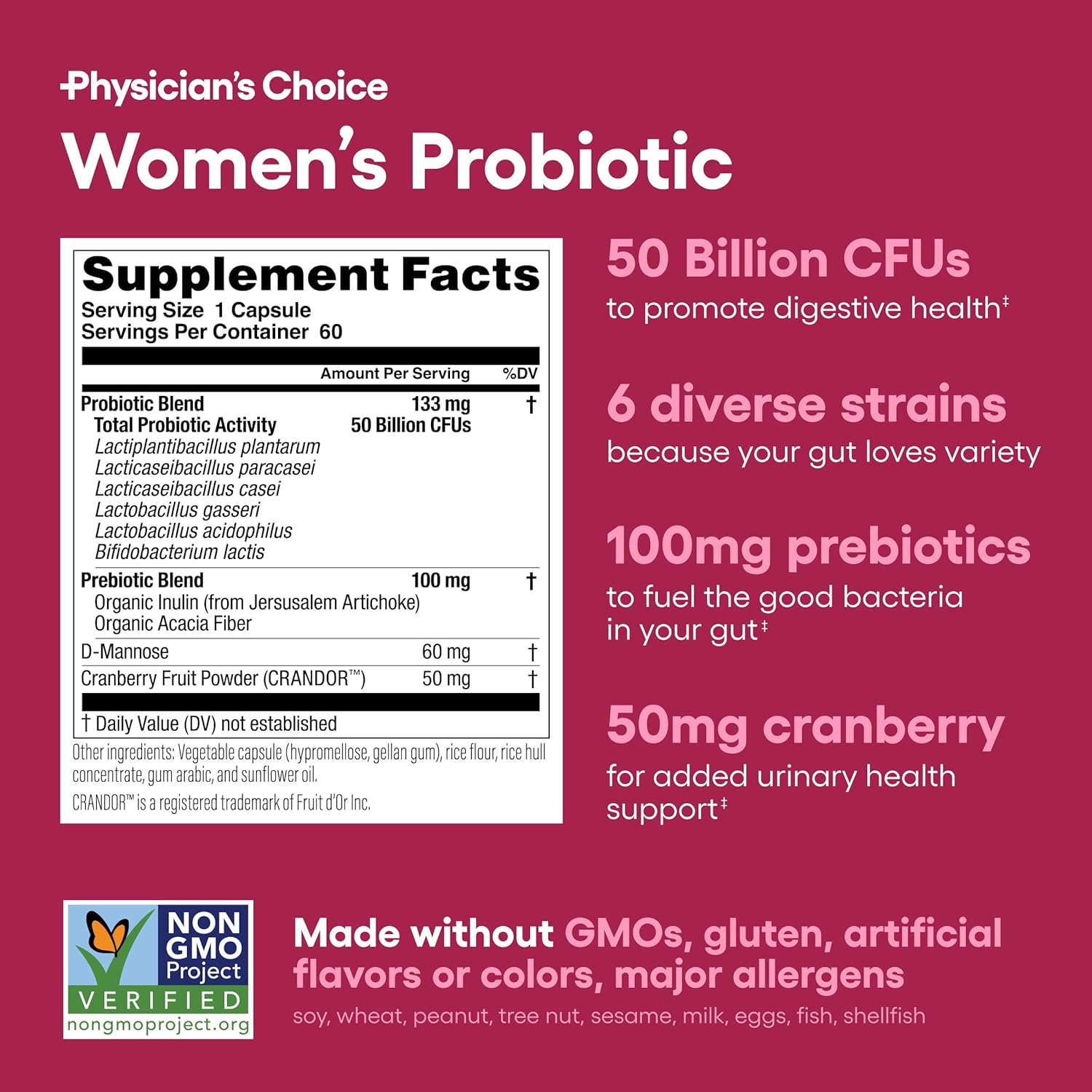 Women's Probiotic with 50 Billion CFU, 6 Unique Strains, Organic Prebiotics, and Cranberry Extract for PH Balance, Digestive, UT, & Feminine Health - 60 CT