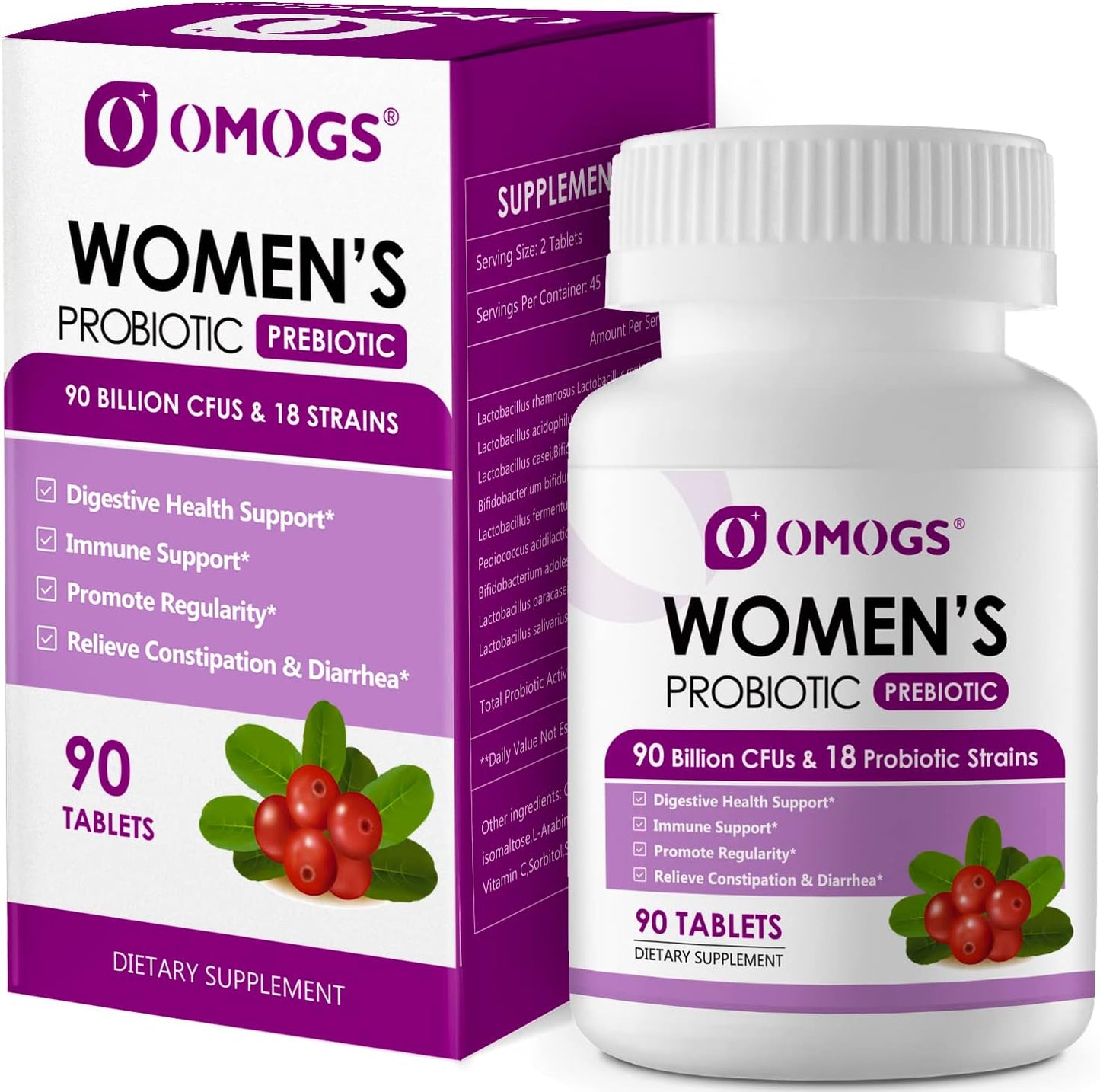 Women's Probiotic with Cranberry Extract, Organic Prebiotics, Vitamin C - 90 Billion CFUs, 18 Strains - Immune, Digestive, Gut & Women's Health Support - Gluten & Soy Free - 90 Tablets
