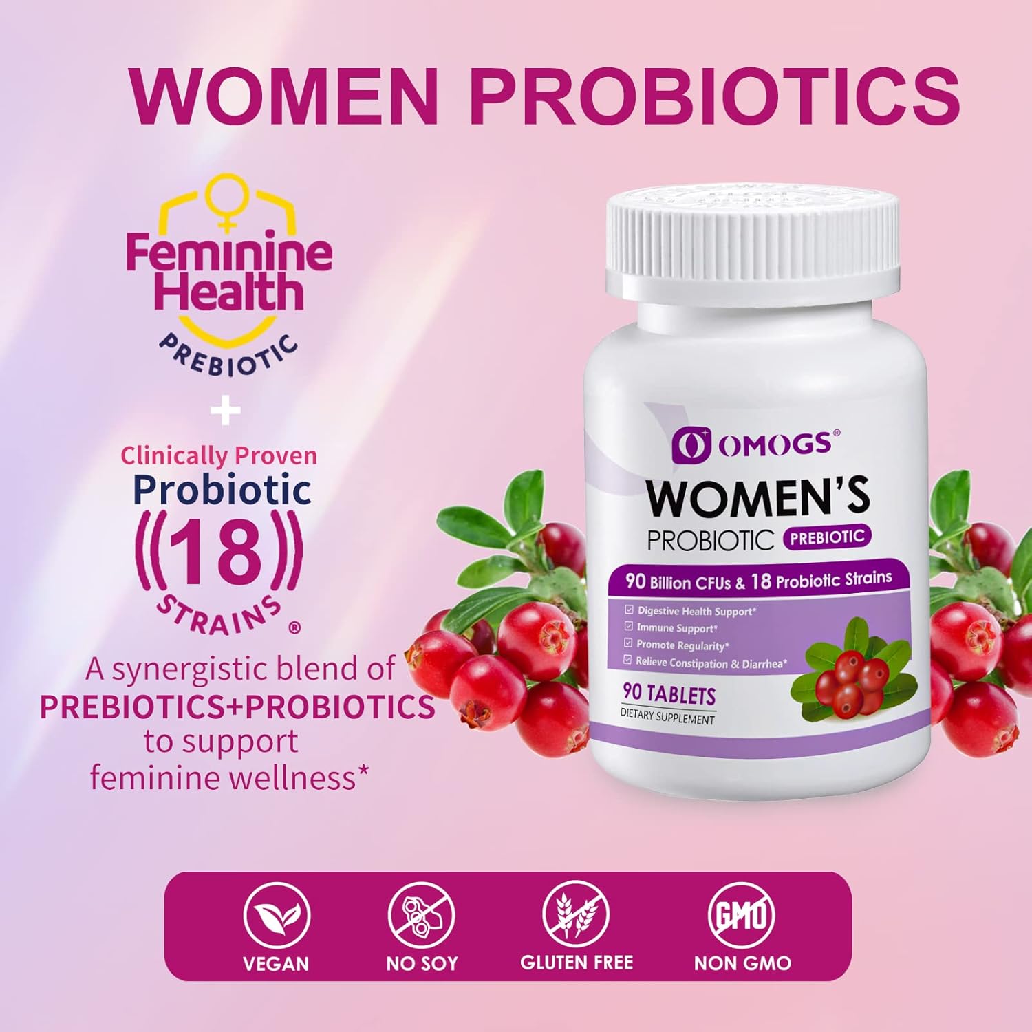 Women's Probiotic with Cranberry Extract, Organic Prebiotics, Vitamin C - 90 Billion CFUs, 18 Strains - Immune, Digestive, Gut & Women's Health Support - Gluten & Soy Free - 90 Tablets
