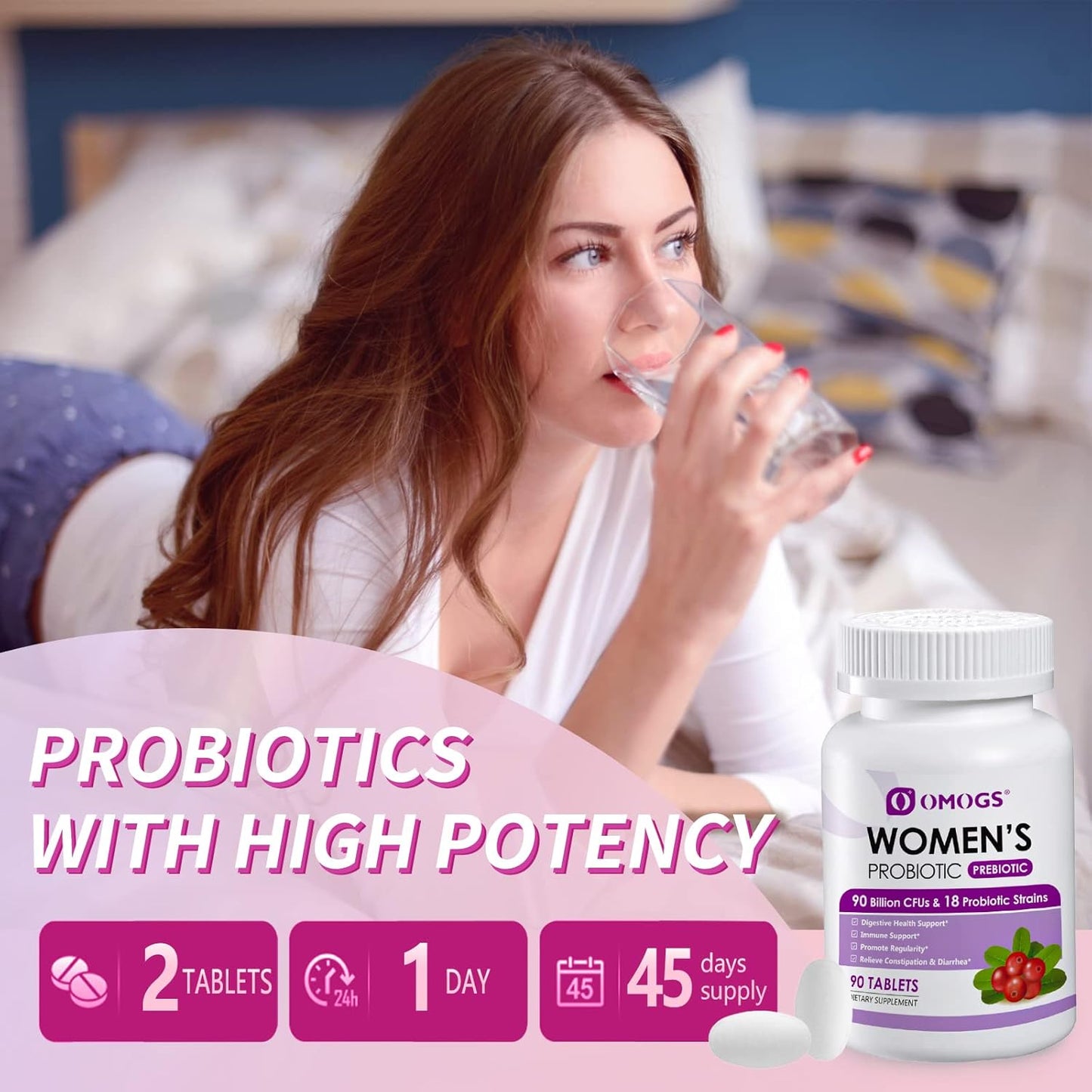 Women's Probiotic with Cranberry Extract, Organic Prebiotics, Vitamin C - 90 Billion CFUs, 18 Strains - Immune, Digestive, Gut & Women's Health Support - Gluten & Soy Free - 90 Tablets