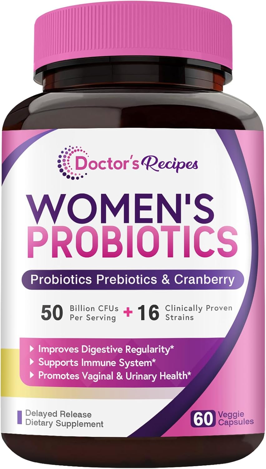 Women's Probiotic with Organic Cranberry - 60 Capsules, 50 Billion CFU, 16 Strains - Supports Digestive, Immune, Vaginal & Urinary Health - Shelf Stable, Delayed Release - No Soy, Gluten, Dairy