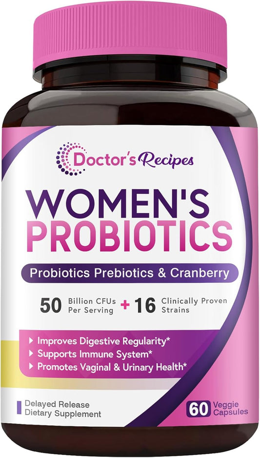 Women's Probiotic with Organic Cranberry - 60 Capsules, 50 Billion CFU, 16 Strains - Supports Digestive, Immune, Vaginal & Urinary Health - Shelf Stable, Delayed Release - No Soy, Gluten, Dairy