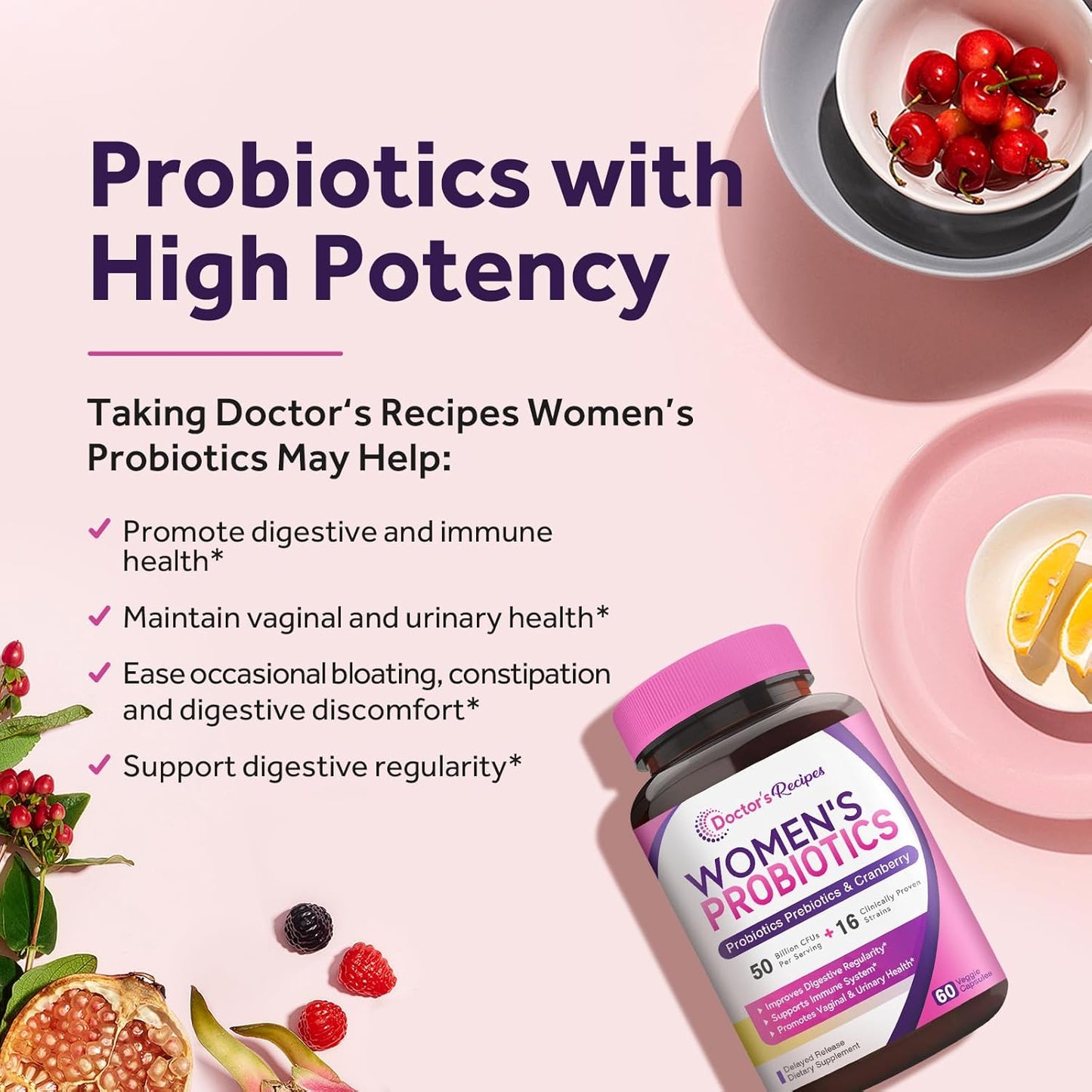 Women's Probiotic with Organic Cranberry - 60 Capsules, 50 Billion CFU, 16 Strains - Supports Digestive, Immune, Vaginal & Urinary Health - Shelf Stable, Delayed Release - No Soy, Gluten, Dairy