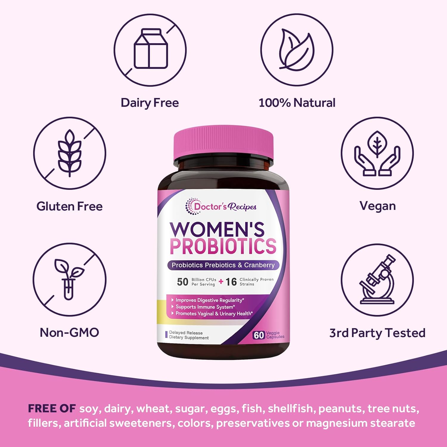 Women's Probiotic with Organic Cranberry - 60 Capsules, 50 Billion CFU, 16 Strains - Supports Digestive, Immune, Vaginal & Urinary Health - Shelf Stable, Delayed Release - No Soy, Gluten, Dairy