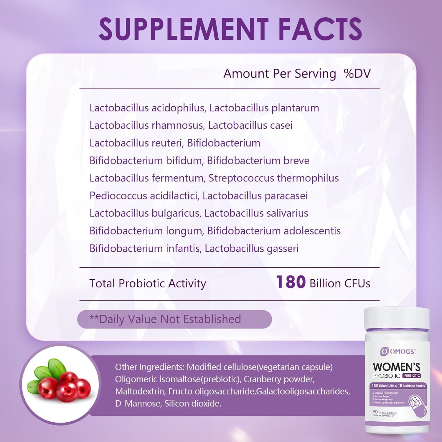 Women's Probiotic with Organic Prebiotics, Cranberry Extract, D-Mannose & Digestive Enzymes - 180 Billion CFUs, 18 Strains - 90 Capsules for Digestive & Immune Health