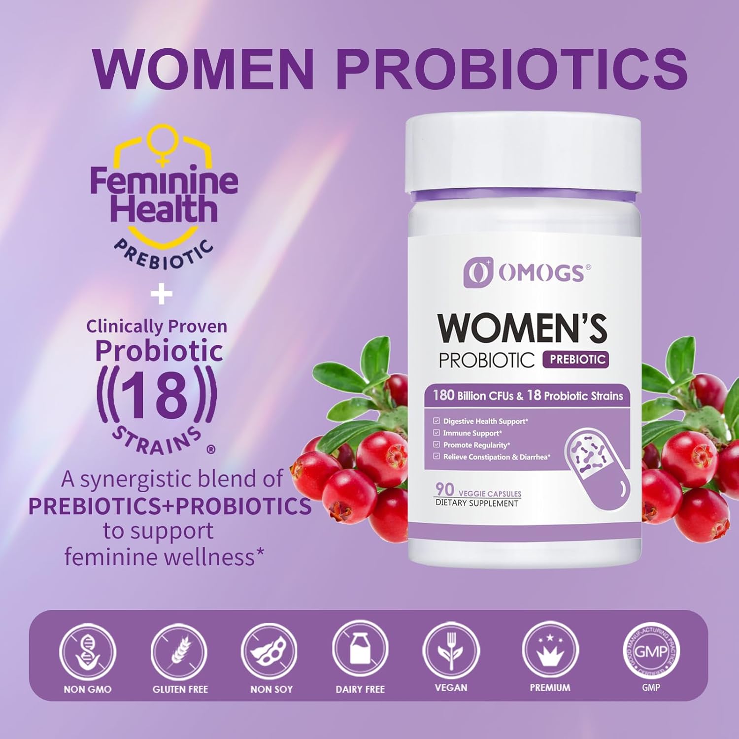 Women's Probiotic with Organic Prebiotics, Cranberry Extract, D-Mannose & Digestive Enzymes - 180 Billion CFUs, 18 Strains - 90 Capsules for Digestive & Immune Health