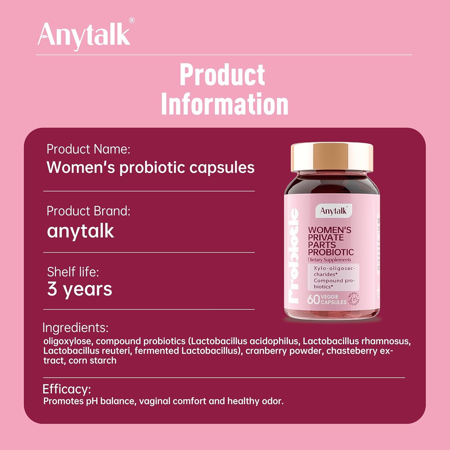 Women's Probiotic with Prebiotics & Lactobacillus Blend - Supports Vaginal pH Balance, Health Flora, 60 Capsules