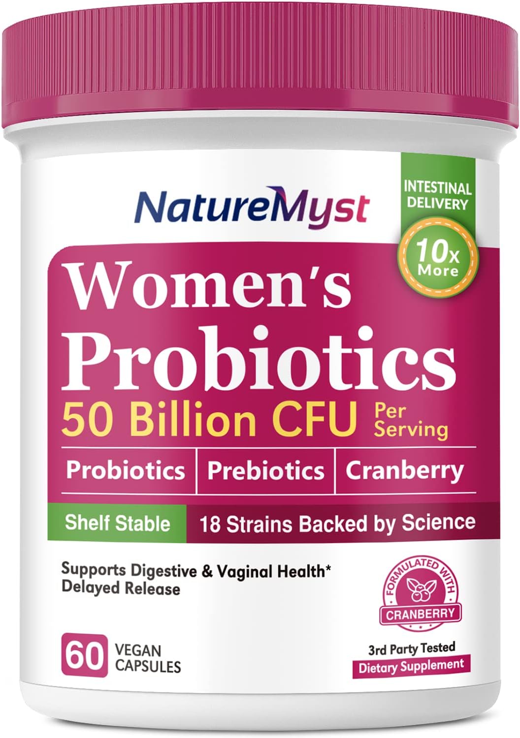 Women's Probiotics 50 Billion CFU with Prebiotic, Cranberry, Digestive, Vaginal & Urinary Health - 60 Vegan Capsules
