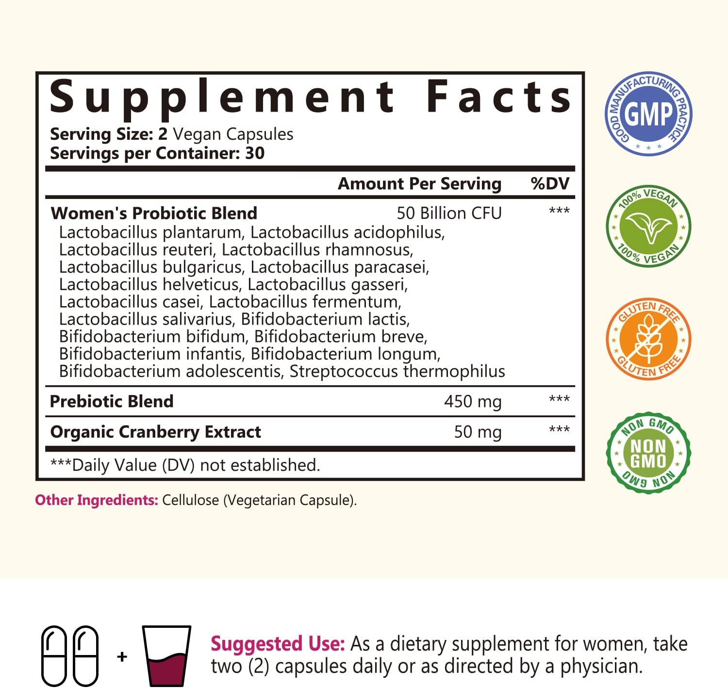 Women's Probiotics 50 Billion CFU with Prebiotic, Cranberry, Digestive, Vaginal & Urinary Health - 60 Vegan Capsules