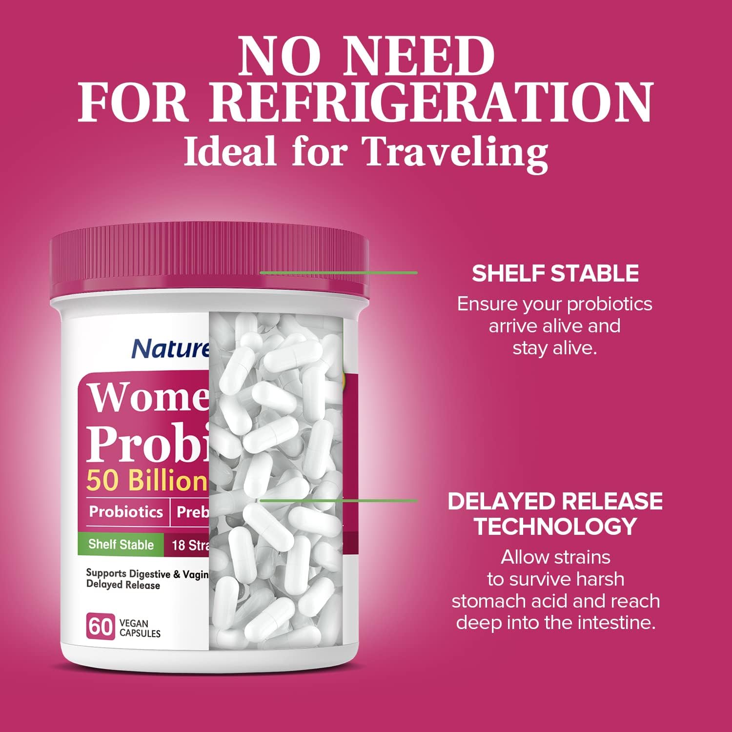 Women's Probiotics 50 Billion CFU with Prebiotic, Cranberry, Digestive, Vaginal & Urinary Health - 60 Vegan Capsules