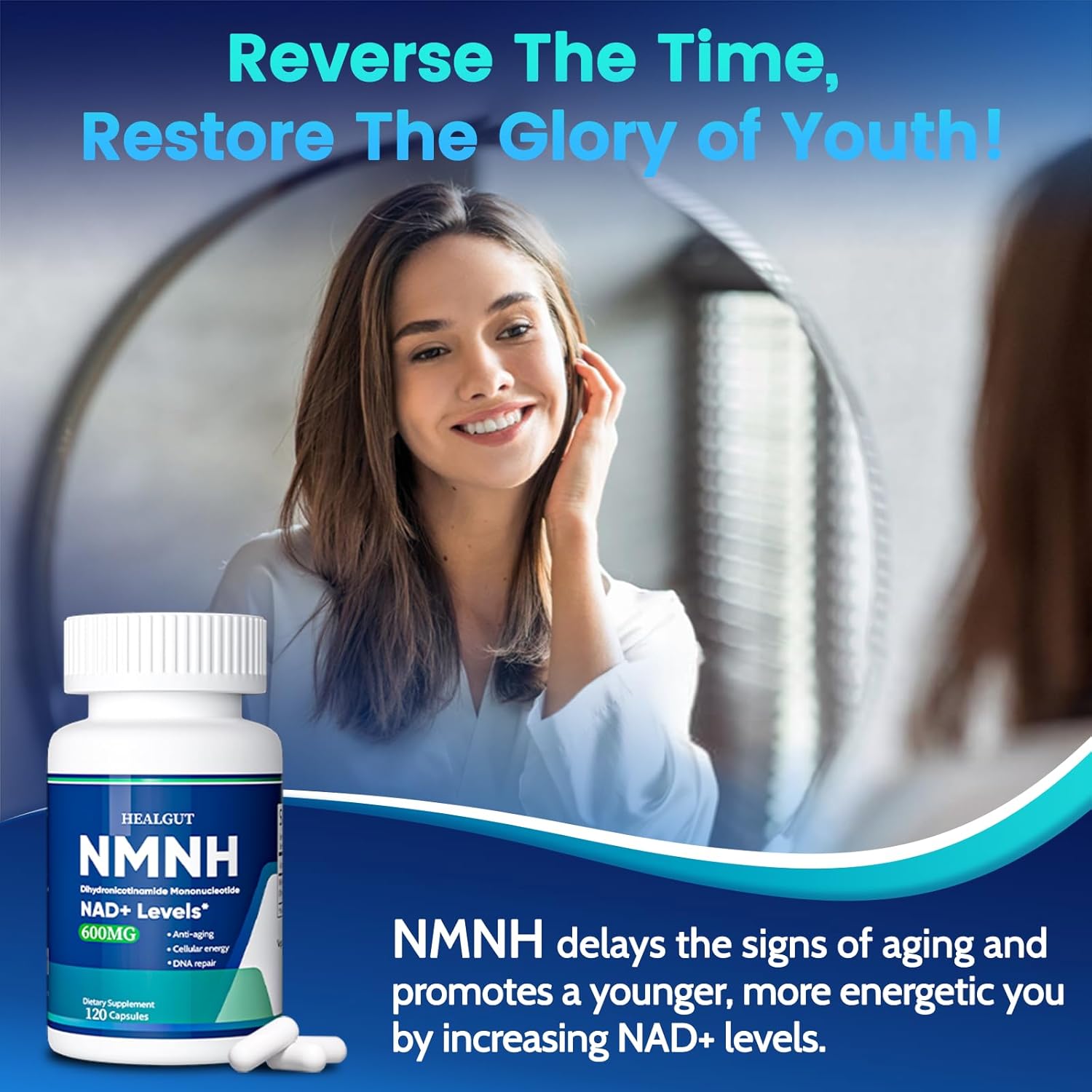 Women's Skin Aging Solution: HEALGUT Pure NMNH 500mg - NAD Supplement for Anti-Aging - Boost NAD+ Levels - Liposome Capsules - 120 Servings
