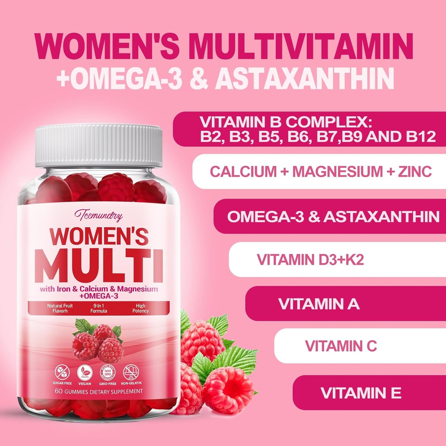 Womens Sugar-Free Multivitamin Gummies with Omega-3, Astaxanthin, Calcium, Iron, and Essential Vitamins - Supports Skin, Hair, Energy, Immune System - High Absorption Formula