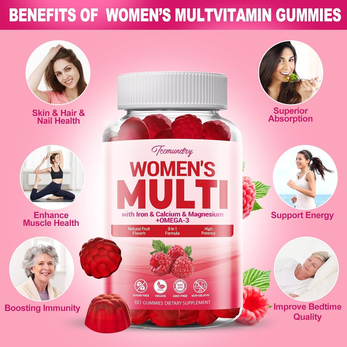 Womens Sugar-Free Multivitamin Gummies with Omega-3, Astaxanthin, Calcium, Iron, and Essential Vitamins - Supports Skin, Hair, Energy, Immune System - High Absorption Formula