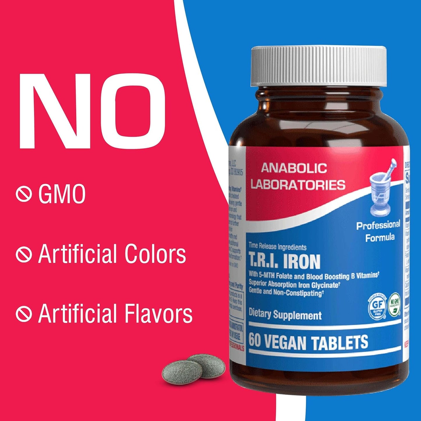 Women's Time Release Iron and Vitamin C Supplement - 60 Vegan Tablets - Contains Iron, Calcium, Folate, Vitamin B6, B12 - Anabolic Laboratories TRI Iron