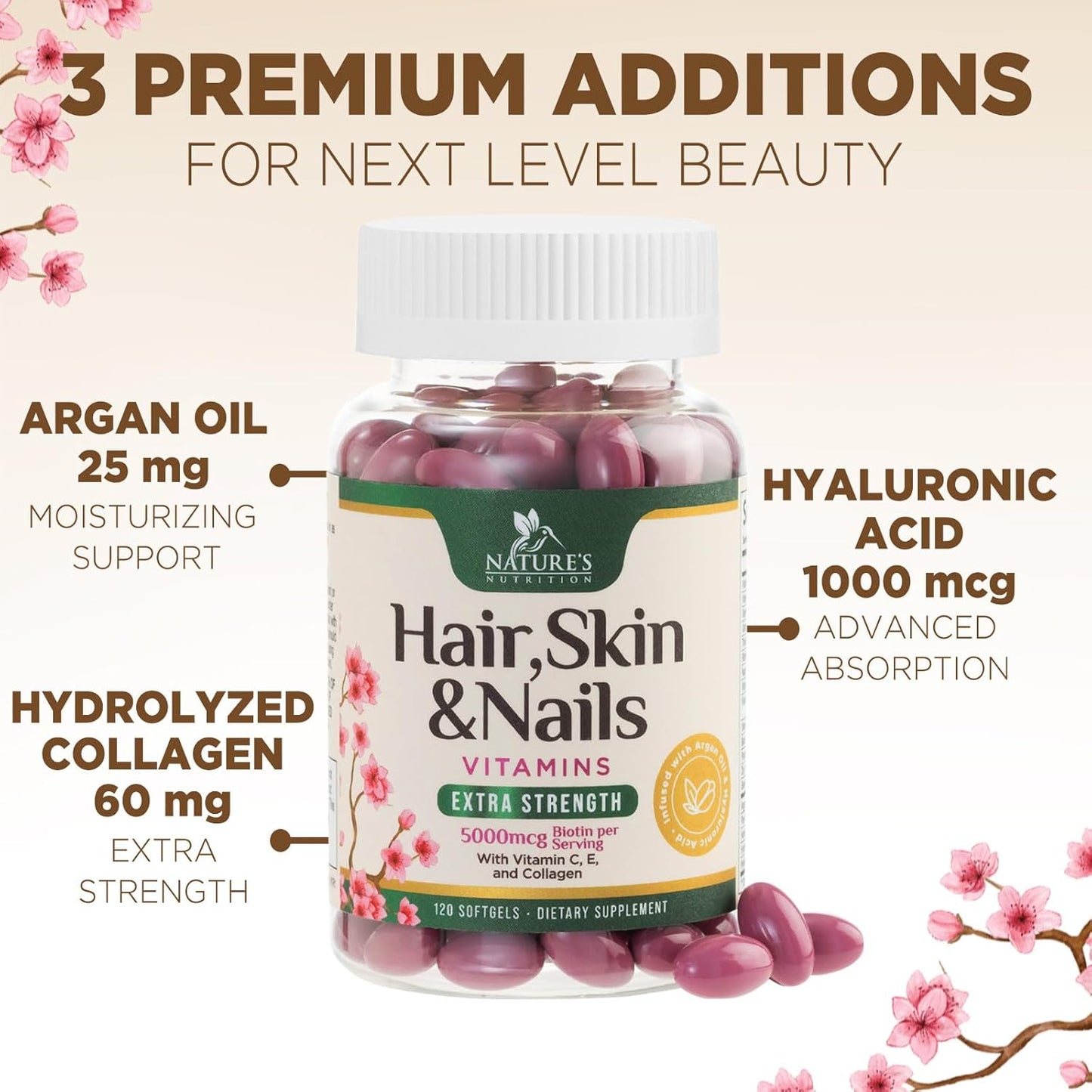 Women's Ultra Strength Hair Vitamins with Biotin, Collagen, PABA - Hair Growth & Skin Support - 120 Softgels