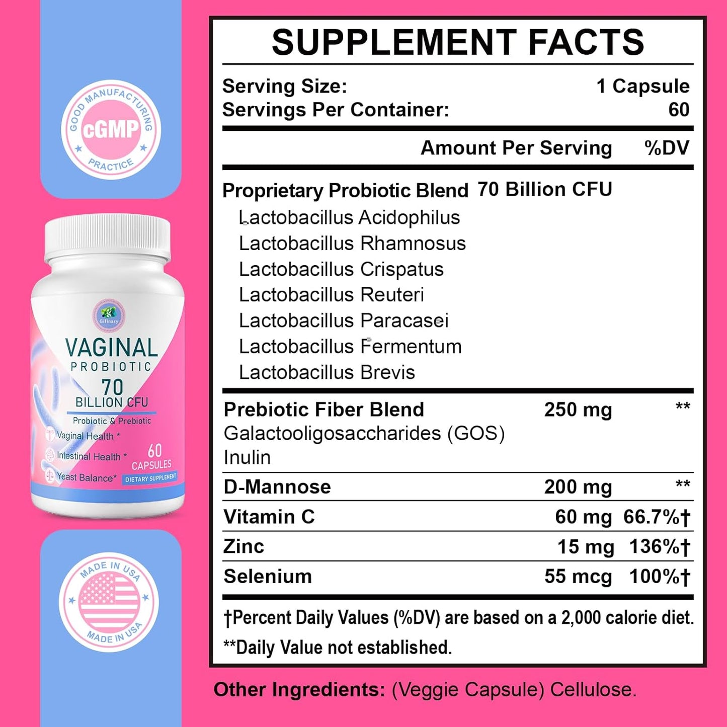 Women's Vaginal Probiotic with 70 Billion CFU, 13 Strains, Prebiotic, D-Mannose - 180 Capsules for Vaginal Health, Urinary, pH Balance, Immune & Digestive Support