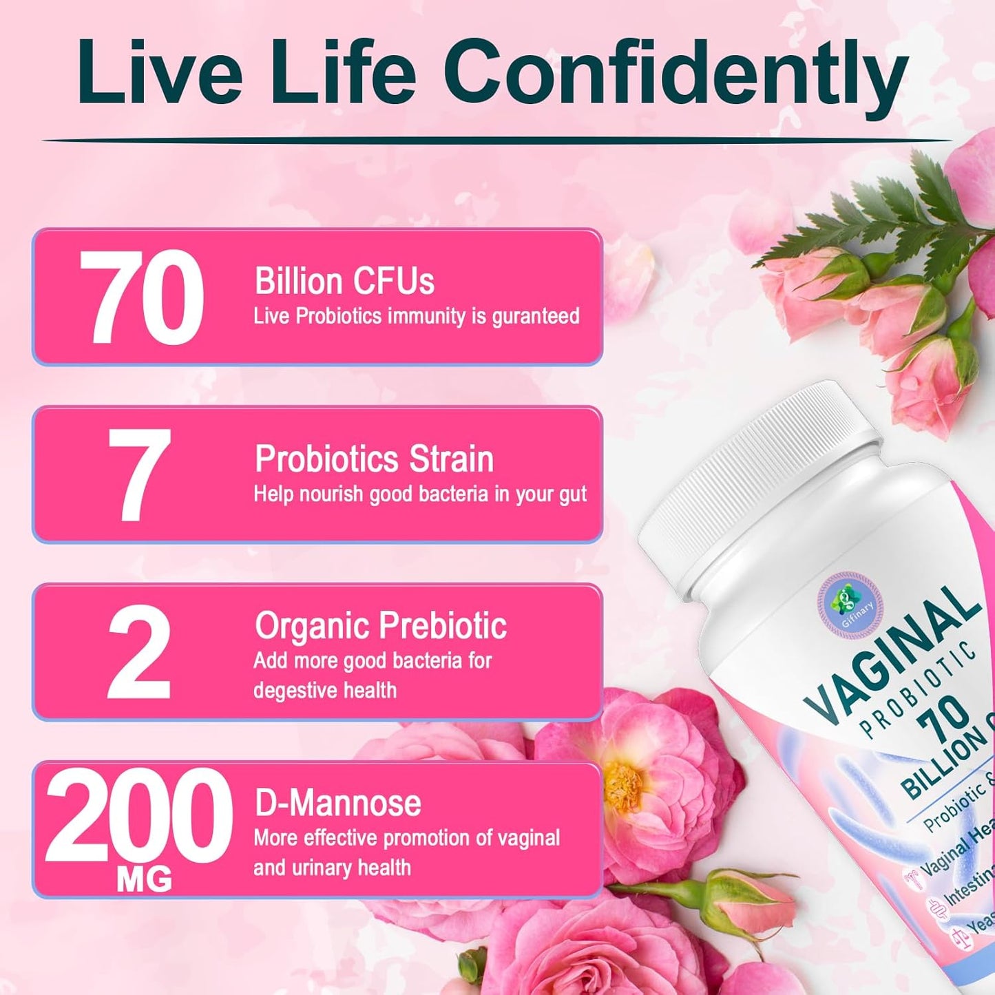 Women's Vaginal Probiotic with 70 Billion CFU, 13 Strains, Prebiotic, D-Mannose - 180 Capsules for Vaginal Health, Urinary, pH Balance, Immune & Digestive Support