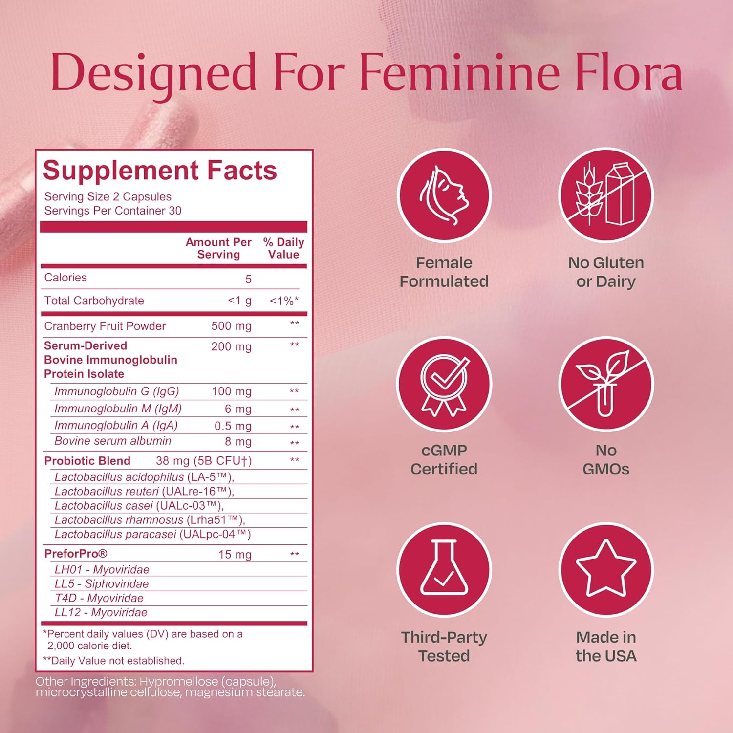 Women's Vaginal Probiotic with Lactobacillus, Cranberry, and Prebiotics - Supports Vaginal and Digestive Health - 60 Capsules