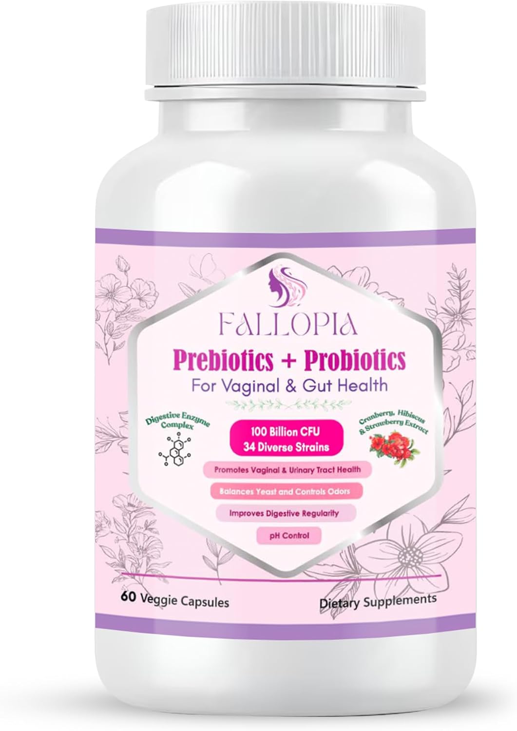 Women's Vaginal Probiotics - 100 Billion CFUs, 34 Strains, Prebiotics, Digestive Enzymes, D Mannose, Hibiscus, Cranberry - 60 Capsules