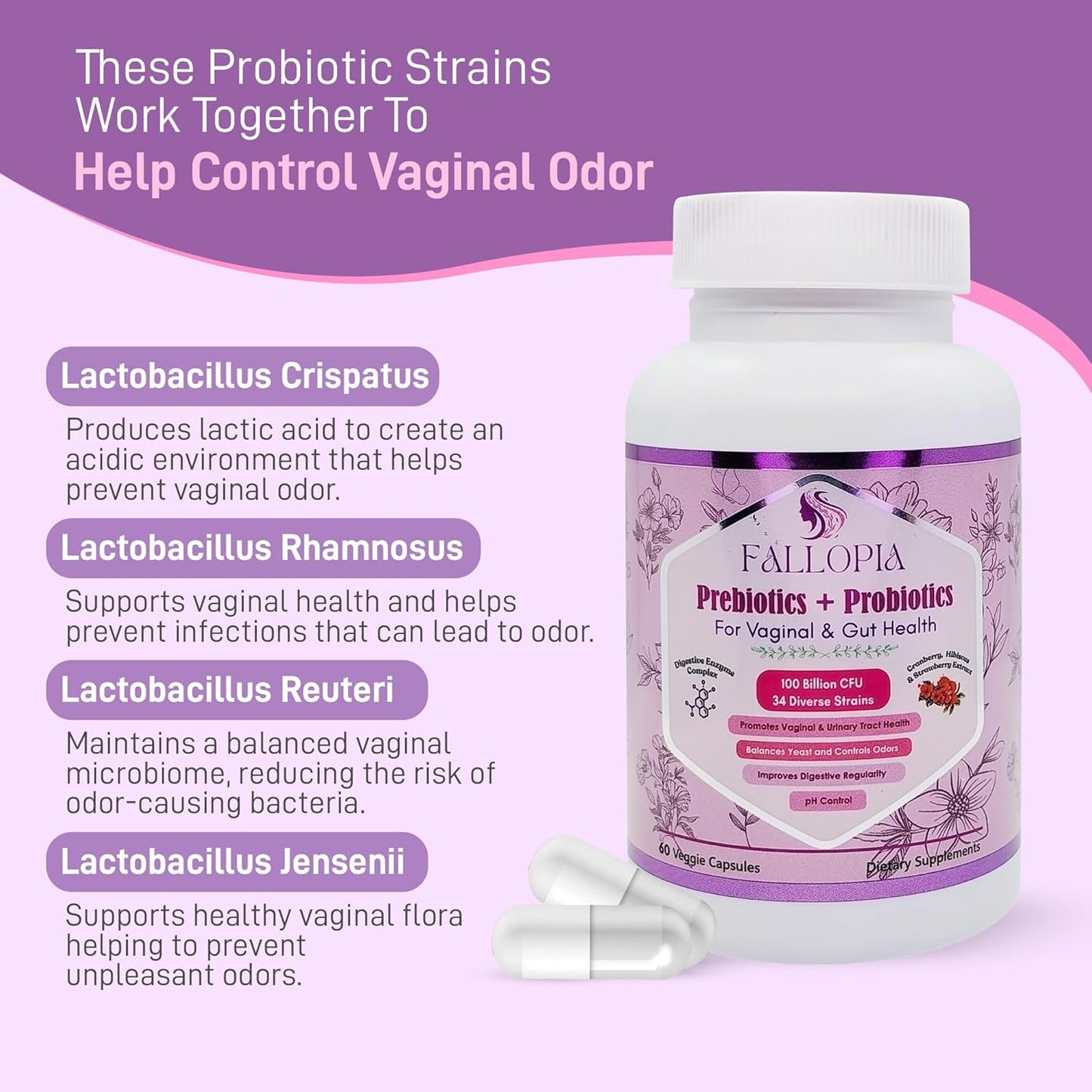 Women's Vaginal Probiotics - 100 Billion CFUs, 34 Strains, Prebiotics, Digestive Enzymes, D Mannose, Hibiscus, Cranberry - 60 Capsules