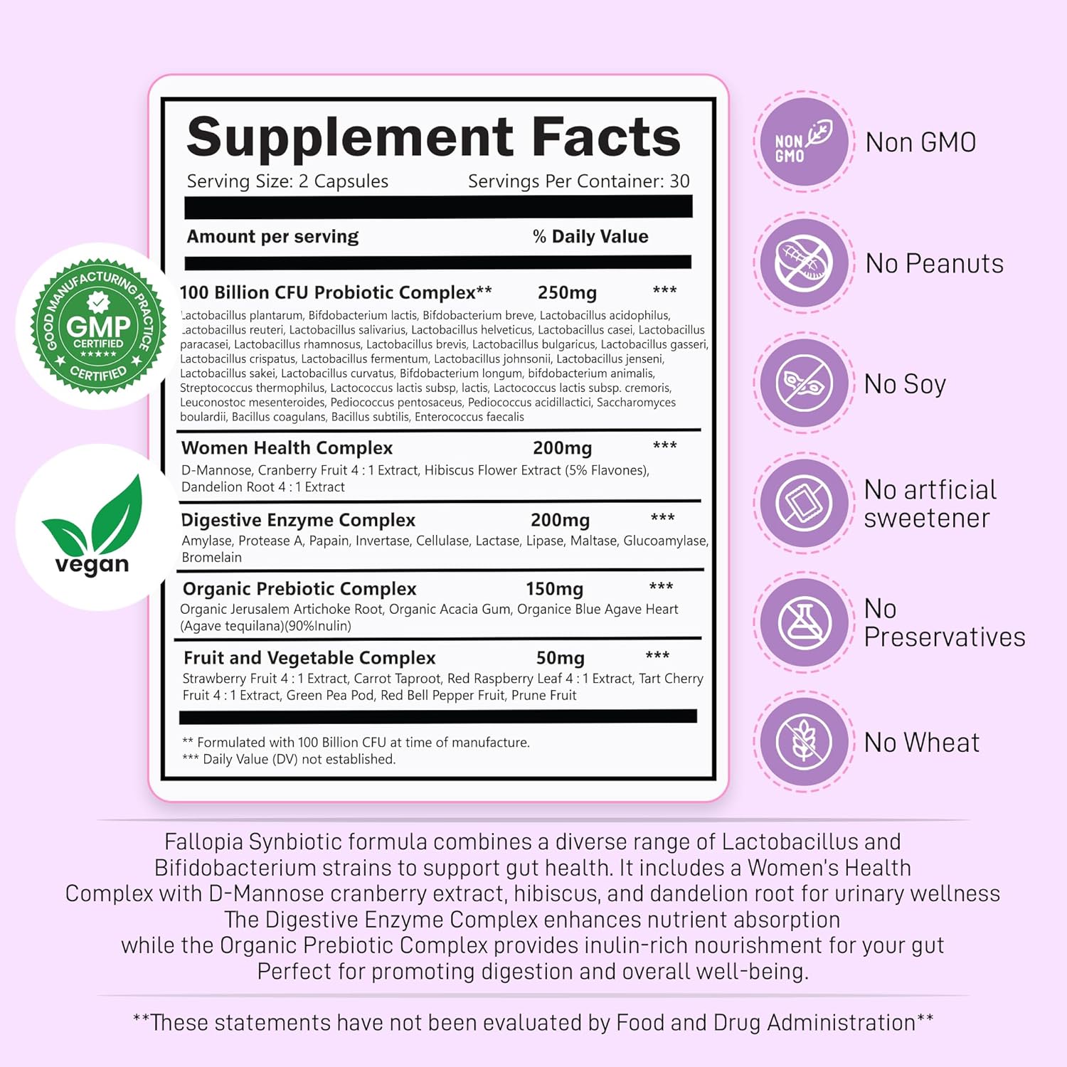 Women's Vaginal Probiotics - 100 Billion CFUs, 34 Strains, Prebiotics, Digestive Enzymes, D Mannose, Hibiscus, Cranberry - 60 Capsules