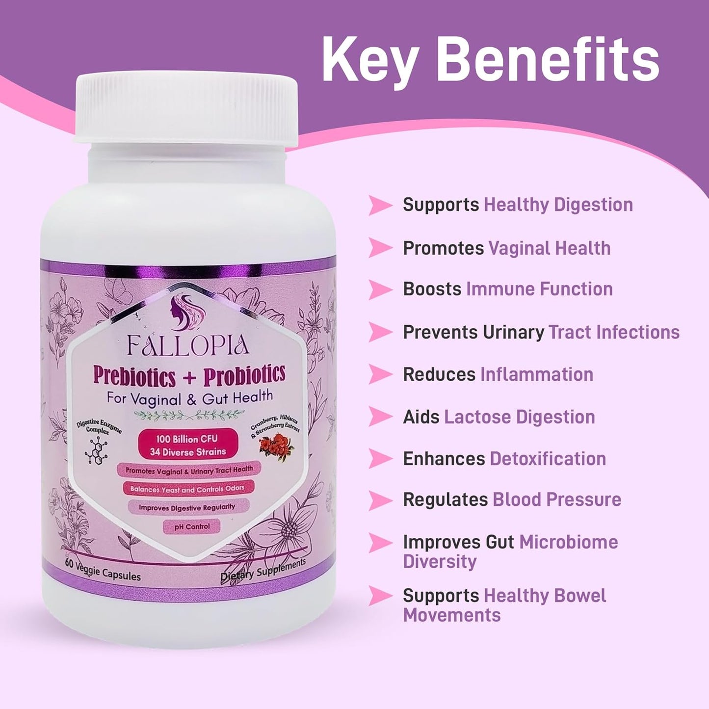 Women's Vaginal Probiotics - 100 Billion CFUs, 34 Strains, Prebiotics, Digestive Enzymes, D Mannose, Hibiscus, Cranberry - 60 Capsules