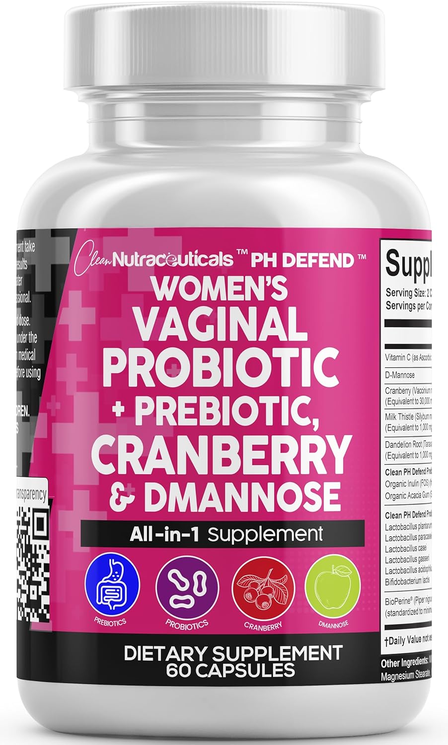 Women's Vaginal Probiotics with Cranberry and D-Mannose for Urinary Tract and pH Balance - 1 Pack