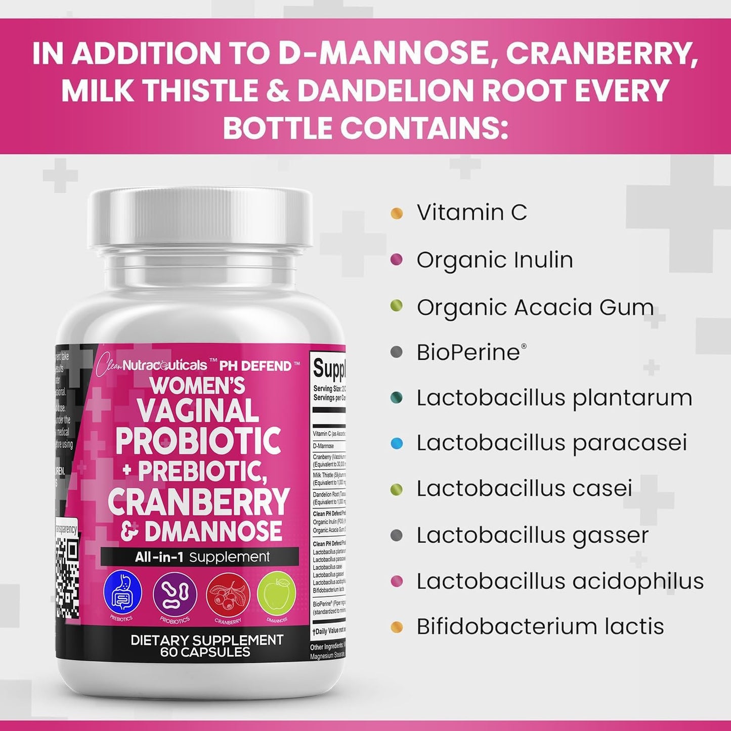 Women's Vaginal Probiotics with Cranberry and D-Mannose for Urinary Tract and pH Balance - 1 Pack