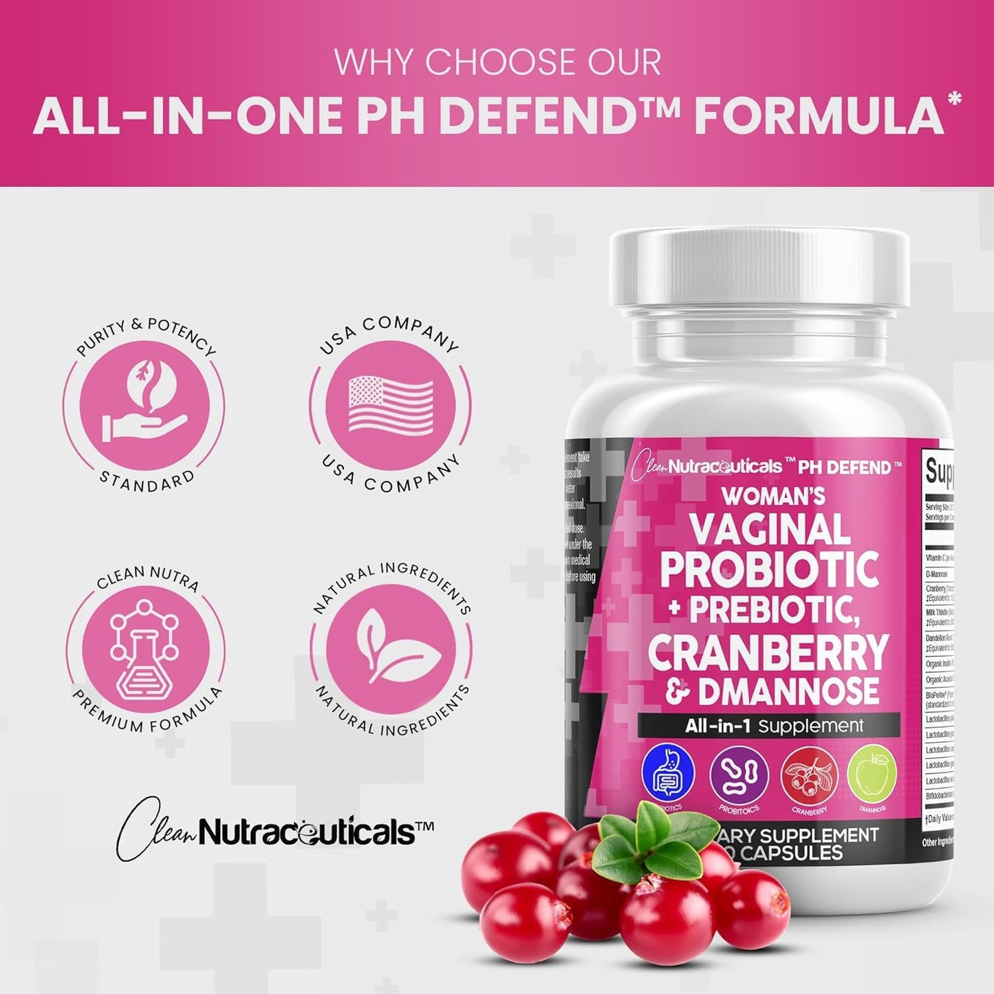 Women's Vaginal Probiotics with Cranberry and D-Mannose for Urinary Tract and pH Balance - 1 Pack