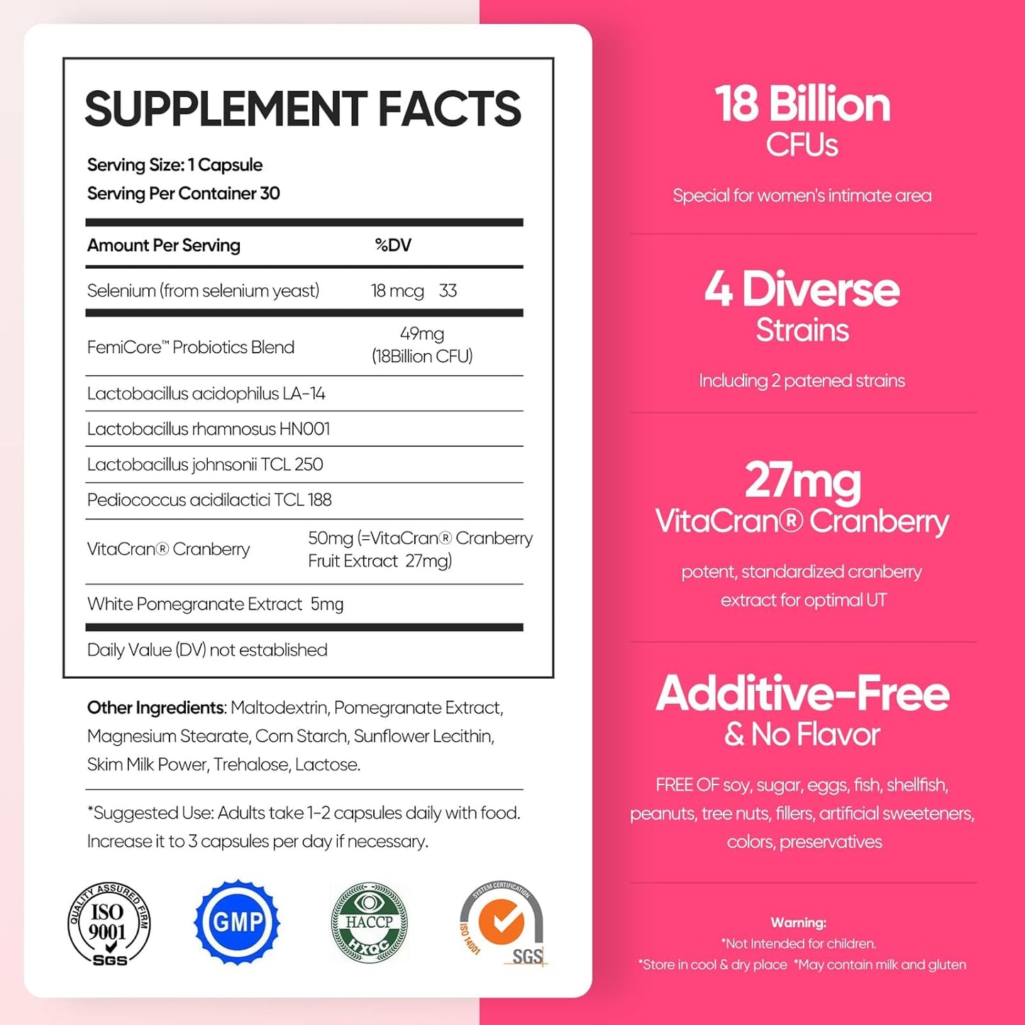 Women's Vaginal Probiotics with Lactobacillus & Cranberry for pH Balance, Vaginal Health Supplement for Healthy Odor & Flora - 60 Capsules