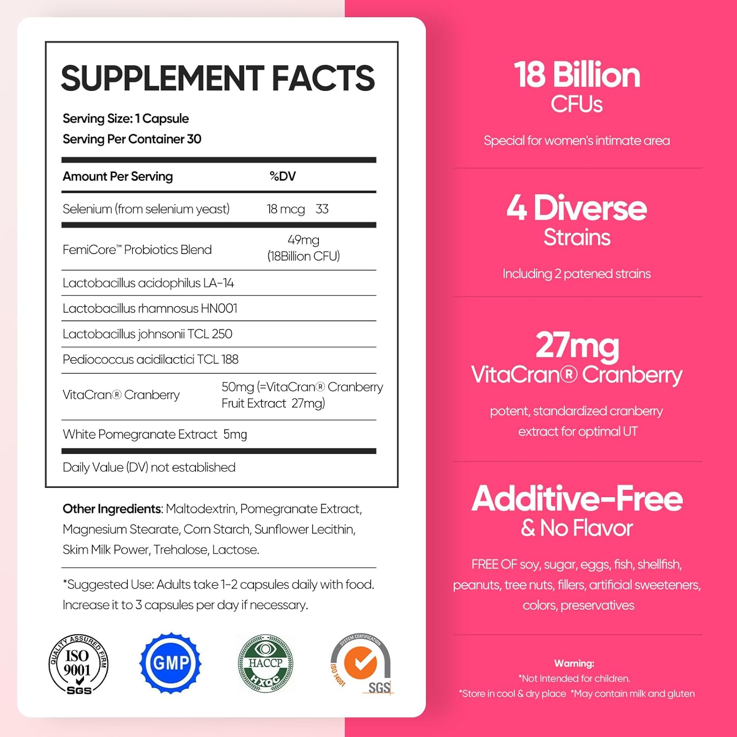 Women's Vaginal Probiotics with Lactobacillus & Cranberry for pH Balance, Vaginal Health Supplement for Healthy Odor & Flora - 60 Capsules