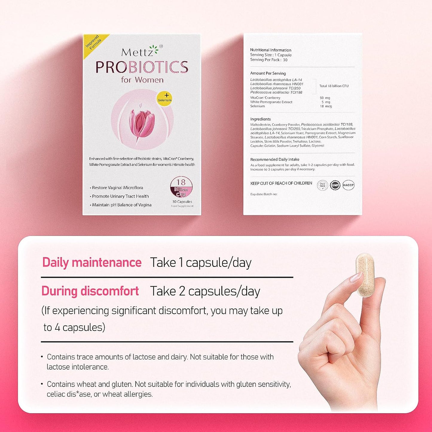 Women's Vaginal Probiotics with Lactobacillus & Cranberry for pH Balance, Vaginal Health Supplement for Healthy Odor & Flora - 60 Capsules