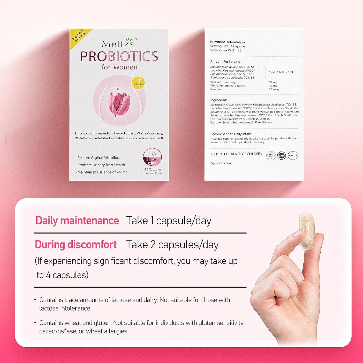 Women's Vaginal Probiotics with Lactobacillus & Cranberry for pH Balance, Vaginal Health Supplement for Healthy Odor & Flora - 60 Capsules