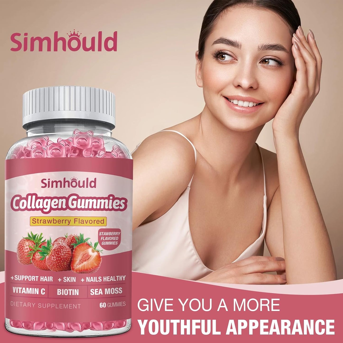 Women's Vegan Collagen Gummies with Biotin and Sea Moss for Anti Aging - Sugar Free, Non-GMO, 60 Count