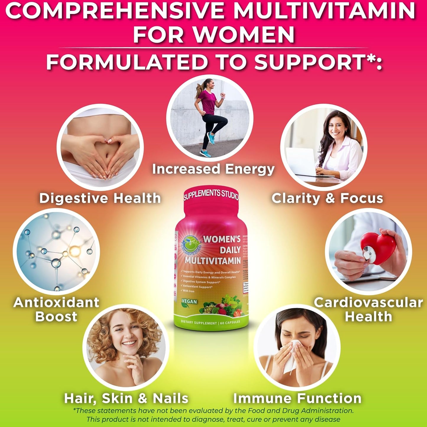 Women's Vegan Multivitamin with Iron, Biotin, Superfoods, Probiotics, Enzymes - Energy, Immunity, Gut Health - Easy to Swallow Capsules