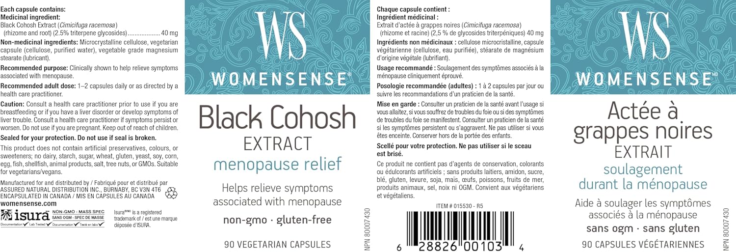 WomenSense Black Cohosh Extract 40mg - Menopausal Symptom Relief, 90 Vegan Capsules - Natural Menopause Support Supplement