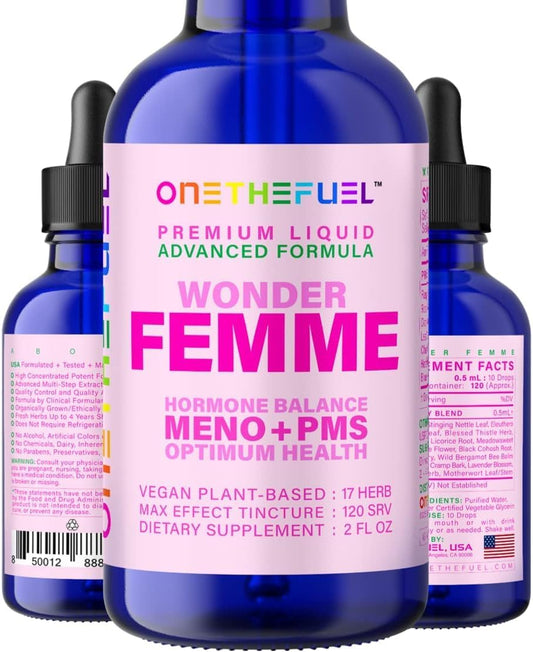 Wonder Femme Menopause Relief: Plant-Based Hormone Balance Support Supplement with 17 Herbs for Natural Estrogen Health - 2 oz Liquid Tincture
