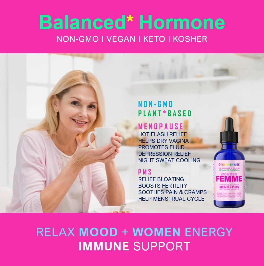 Wonder Femme Menopause Relief: Plant-Based Hormone Balance Support Supplement with 17 Herbs for Natural Estrogen Health - 2 oz Liquid Tincture