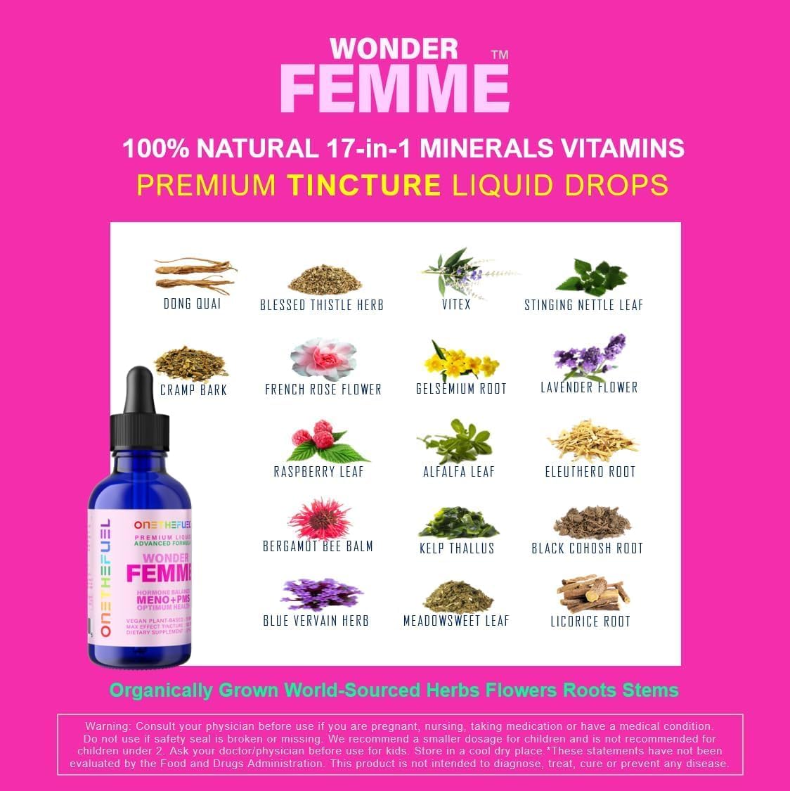 Wonder Femme Menopause Relief: Plant-Based Hormone Balance Support Supplement with 17 Herbs for Natural Estrogen Health - 2 oz Liquid Tincture