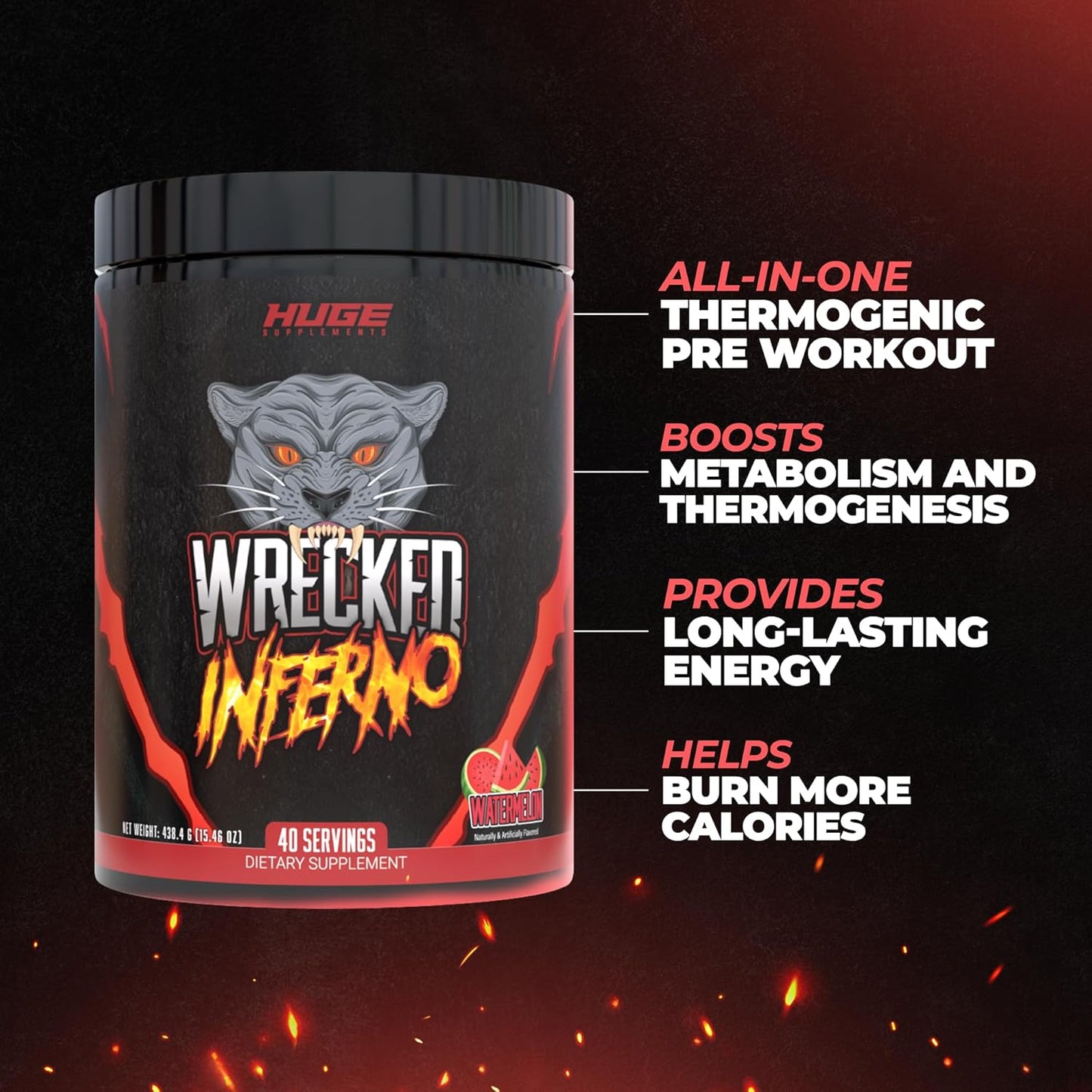 Wrecked Inferno Thermogenic Pre Workout - Energy Boost for Men & Women, Metabolism & Performance Enhancer with L-Citrulline, L-Carnitine, Beta-Alanine