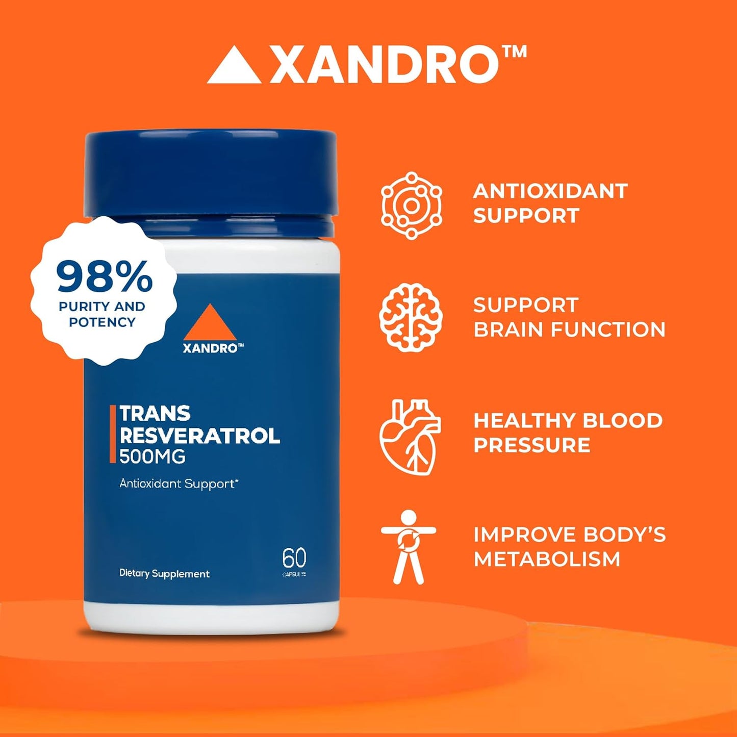 XANDRO Trans Resveratrol 500 mg Capsules - Vegan Antioxidant Support for Optimal Health - 60 Lab-Tested Capsules