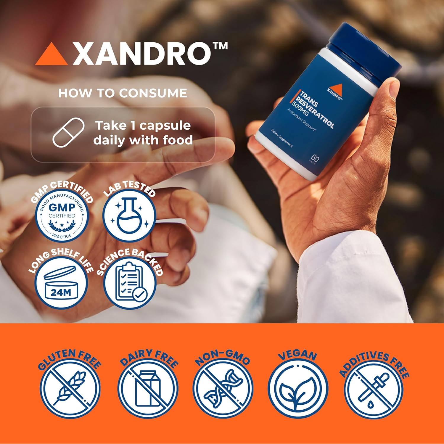 XANDRO Trans Resveratrol 500 mg Capsules - Vegan Antioxidant Support for Optimal Health - 60 Lab-Tested Capsules