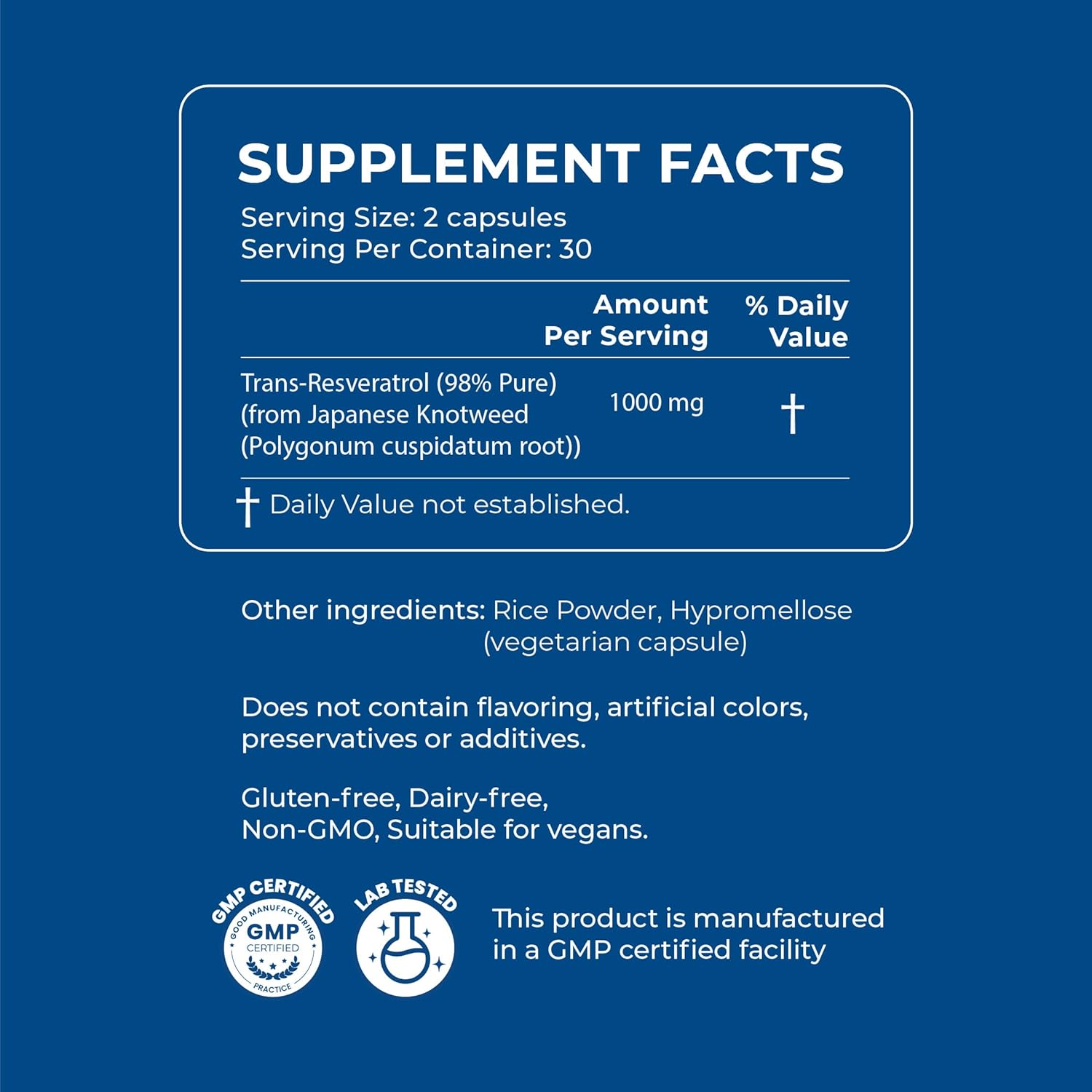 XANDRO Trans Resveratrol 500 mg Capsules - Vegan Antioxidant Support for Optimal Health - 60 Lab-Tested Capsules