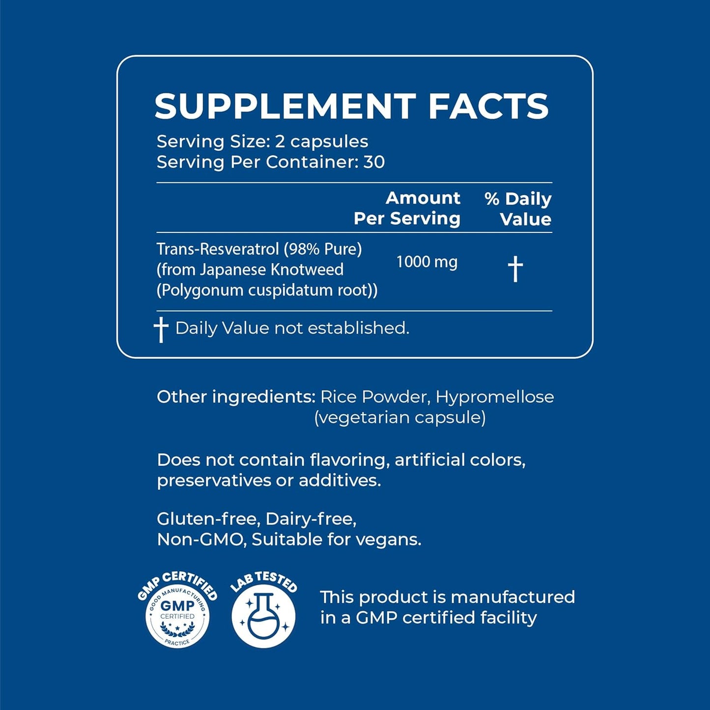 XANDRO Trans Resveratrol 500 mg Capsules - Vegan Antioxidant Support for Optimal Health - 60 Lab-Tested Capsules